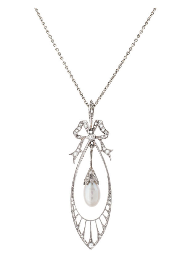 A petite Art-Nouveau diamond pearl pendant with necklace