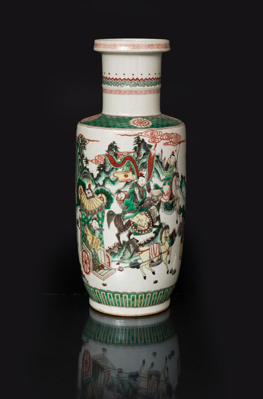 A tall 'Famille Verte' rouleau-vase with horsemen
