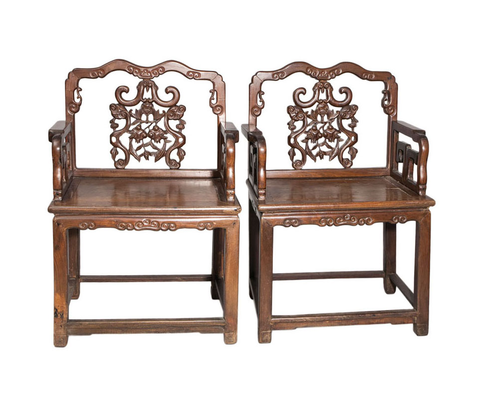 A pair of 'Hongmu' armchairs with bat decoration