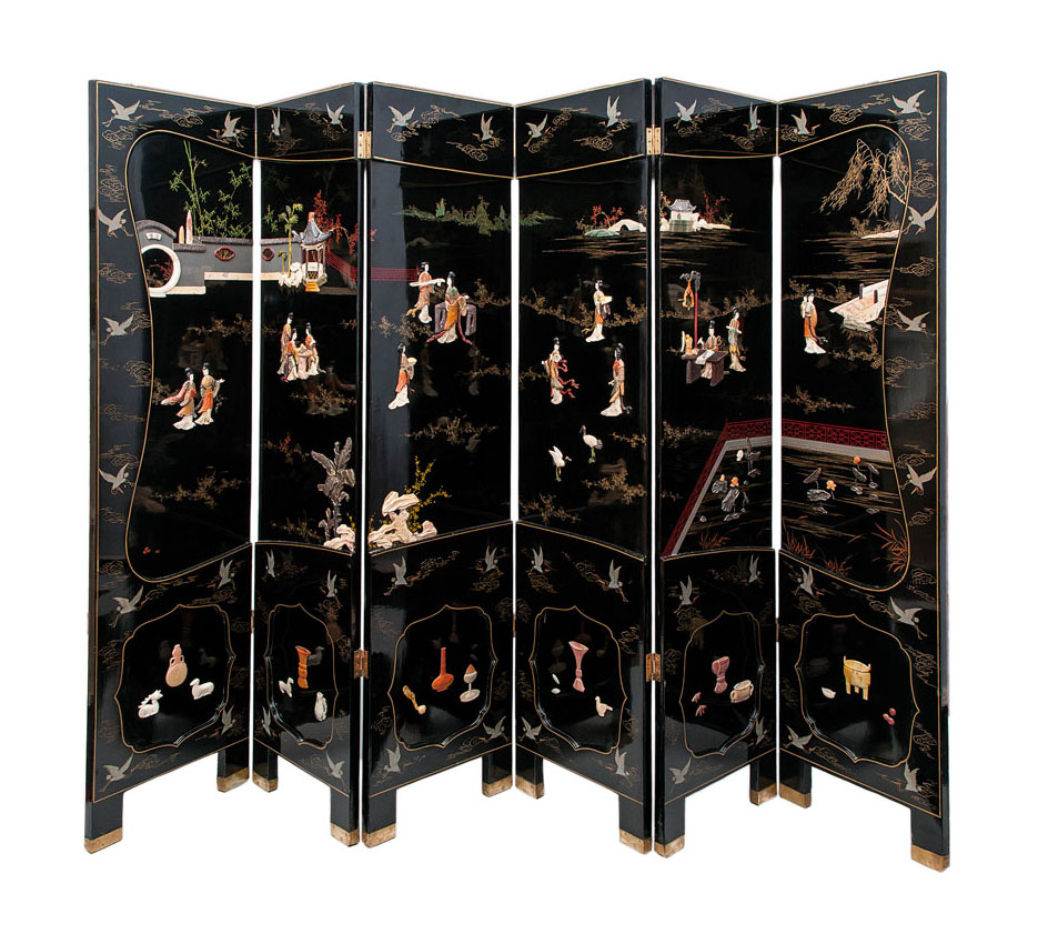 A tall lacquered screen with stone and ivory inlays