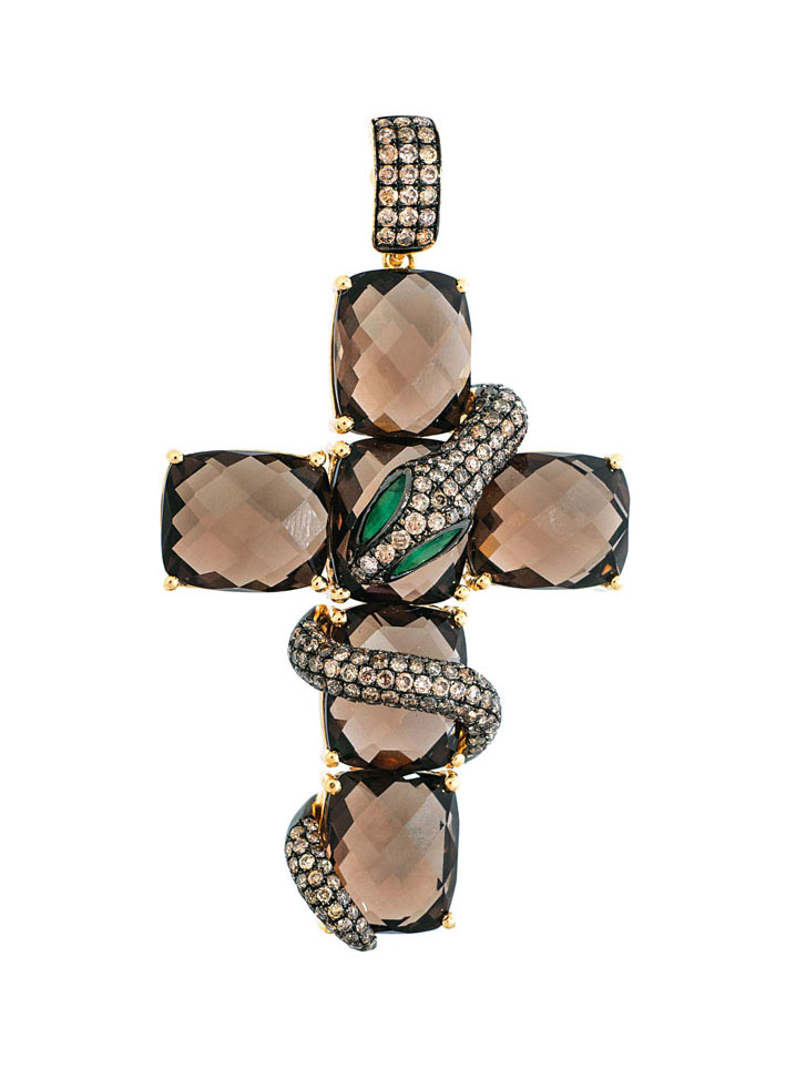 Rauchquarz-Kreuzanhänger mit Schlangen-Dekor und Fancy-Diamanten