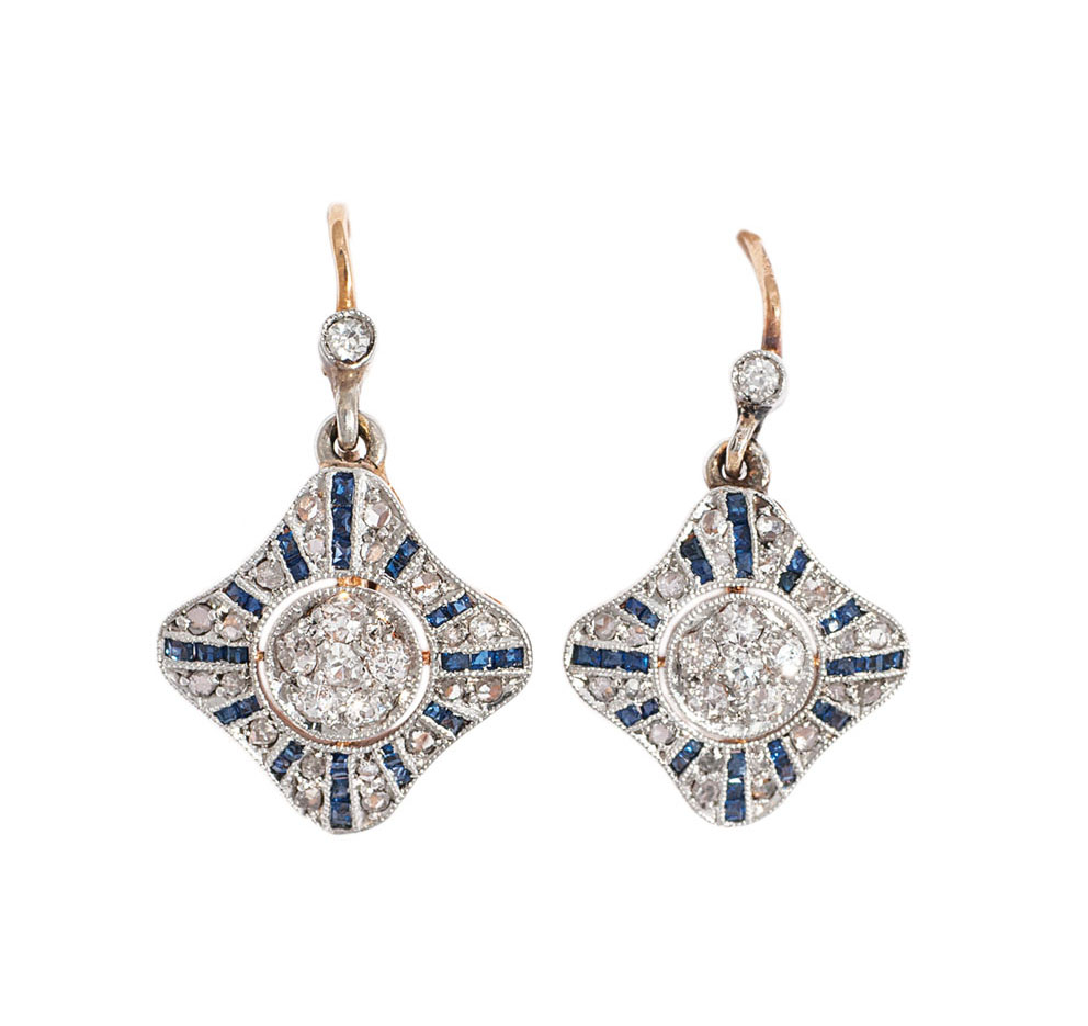 A pair of Art-Nouveau diamond sapphire earrings