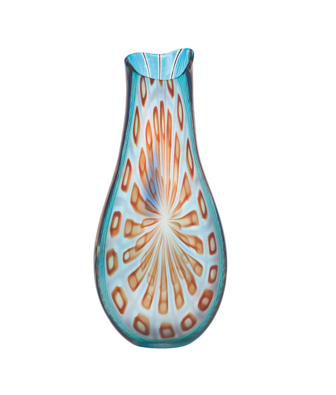 A glass vase with melted star murrine