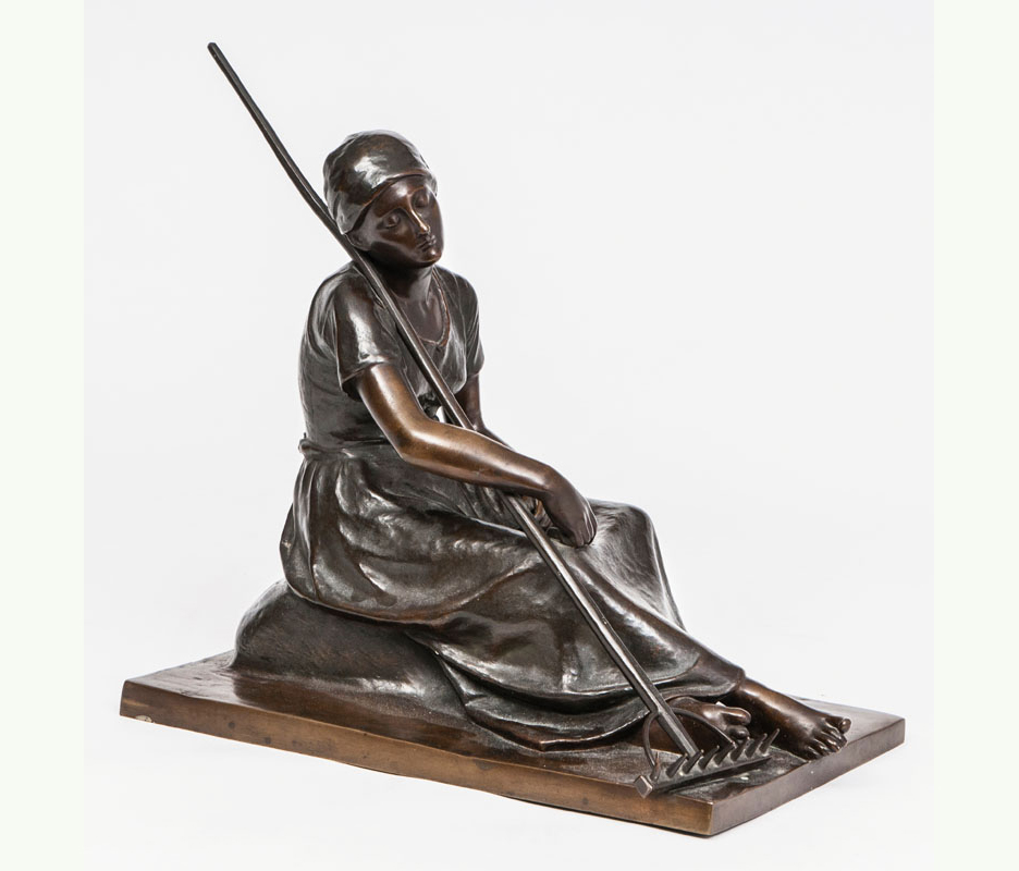 A bronze figure 'A musing working woman'