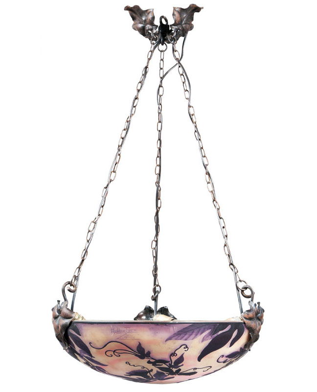 Muller Frères - A rare overlaid and etched 'Passion Flower' glass plafonnier A rare overlaid and etched 'Passion Flower' glass plafonnier