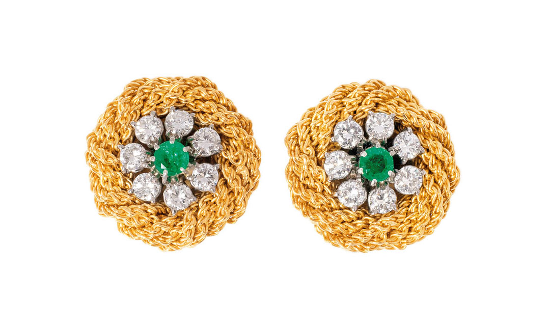 A pair of gold diamond emerald earclips
