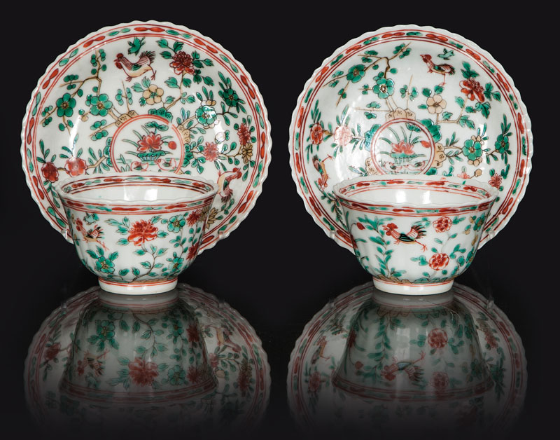 A pair of famille-verte chicken-cups