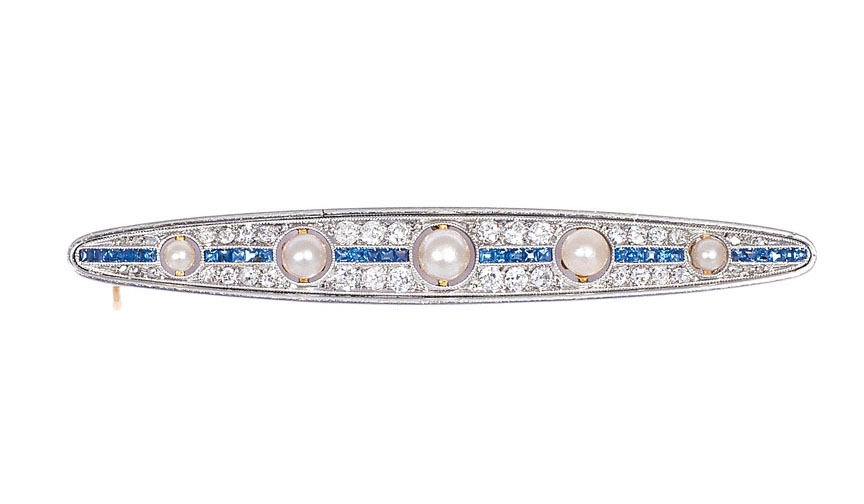 An Art Nouveau diamond sapphire brooch with pearls