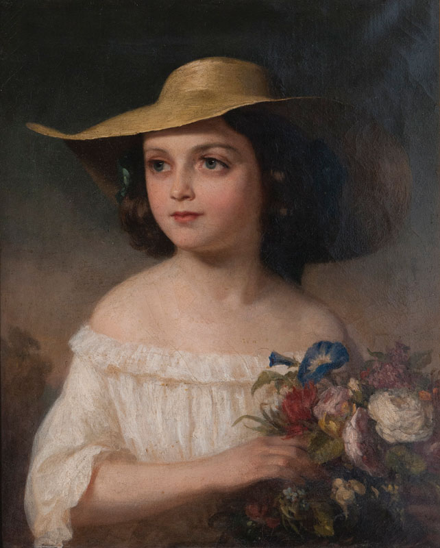 Deutscher Portraitmaler - Mädchen mit Strohhut und Blumenstrauß Mädchen mit Strohhut und Blumenstrauß