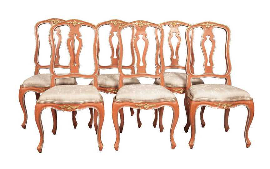 A set of 8 coloured chairs of Rococo style