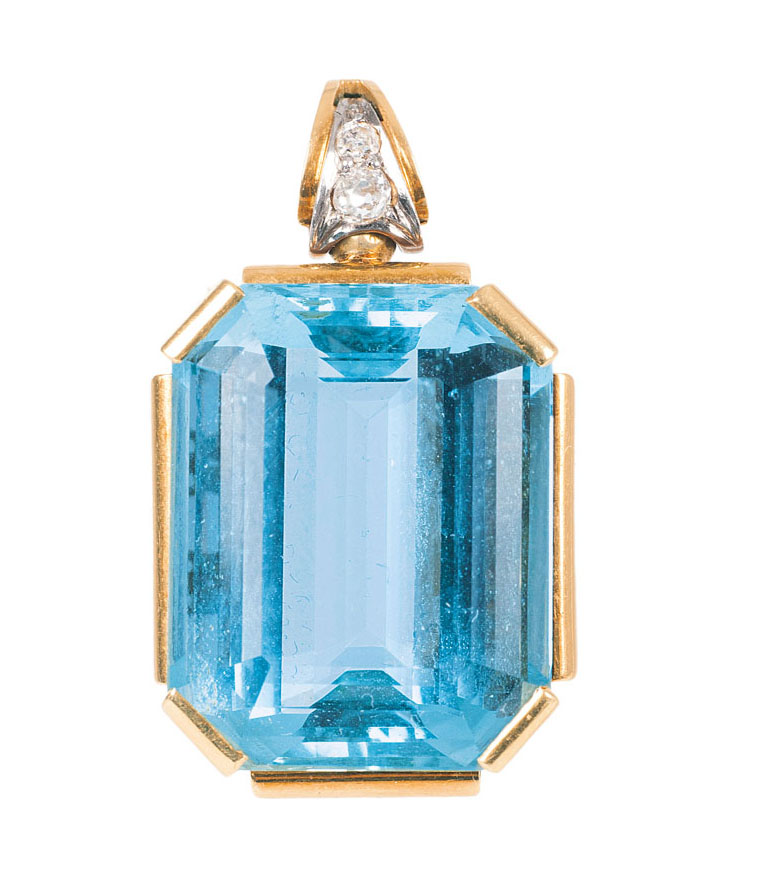 An aquamarine pendant with two old cut diamonds