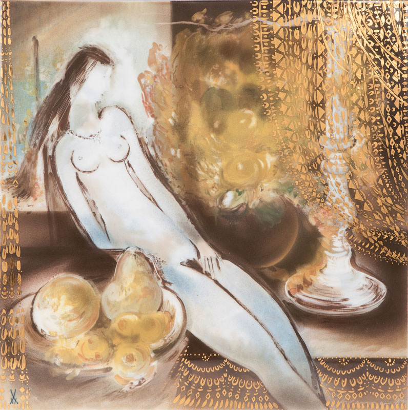 Heinz Werner - A large porcelain painting 'Female nude before a gilded curtain' A large porcelain painting 'Female nude before a gilded curtain'