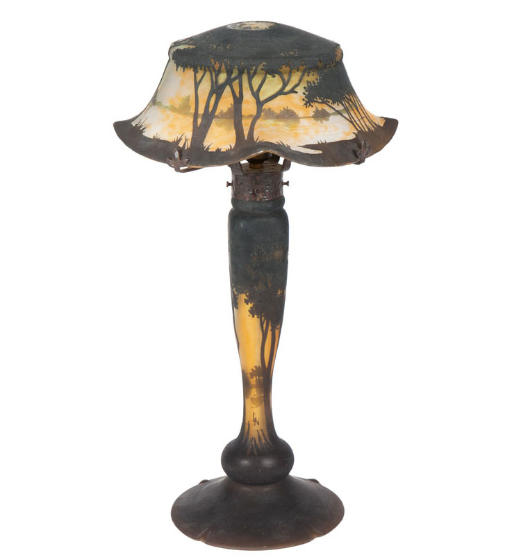 A rare Art Nouveau table lamp 'Paysage lacustre'
