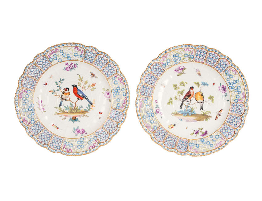 A pair of very decorative dessert plates with forget-me-nots and bird painting