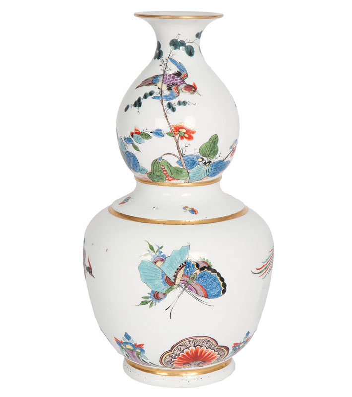 Hochbedeutende Flaschenkürbis-Vase mit Löwenfinck-Malerei