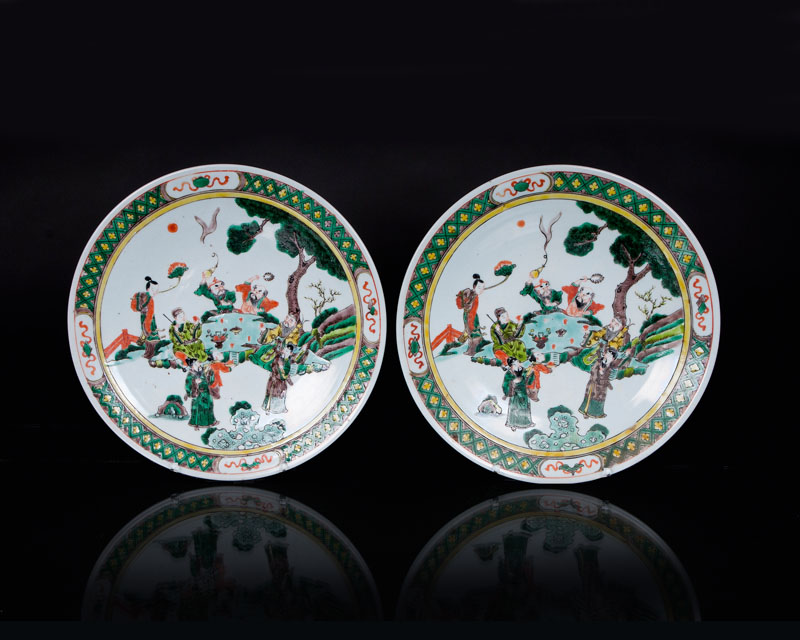 A pair famille-verte dishes 'The Eight Immortals'