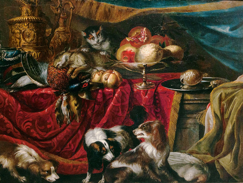 Table Still Life with Game, Dogs and a Cat