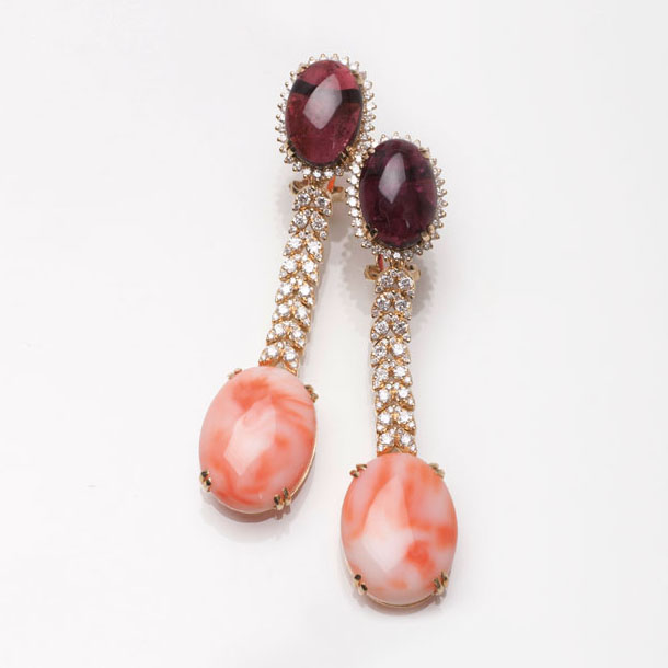 A pair of coral tourmaline earpendants