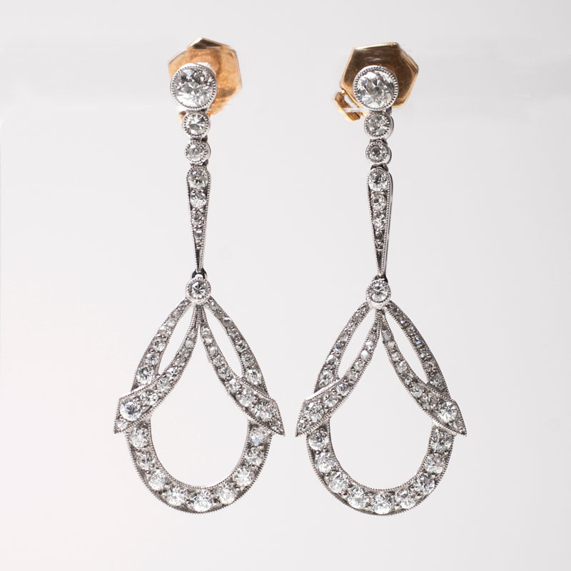 A pair of petite Art Nouveau diamond earpendants