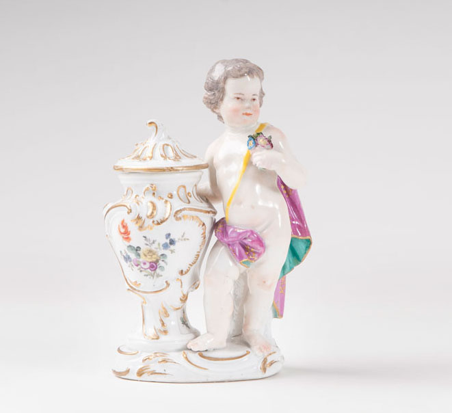 A porcelain figure 'putto beside a potpourri vase'