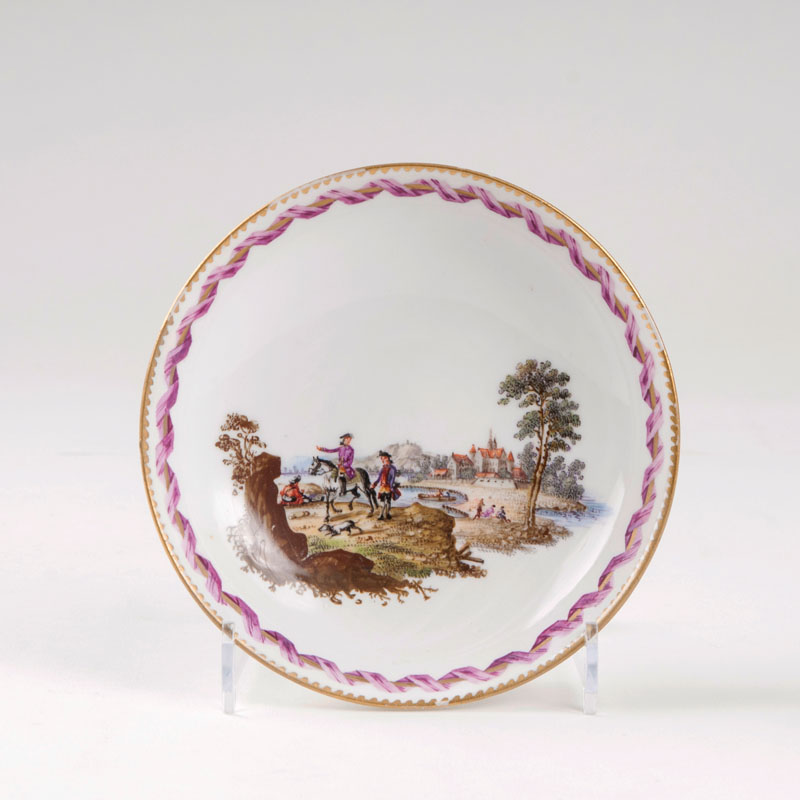 A saucer with polychrome hunting scene
