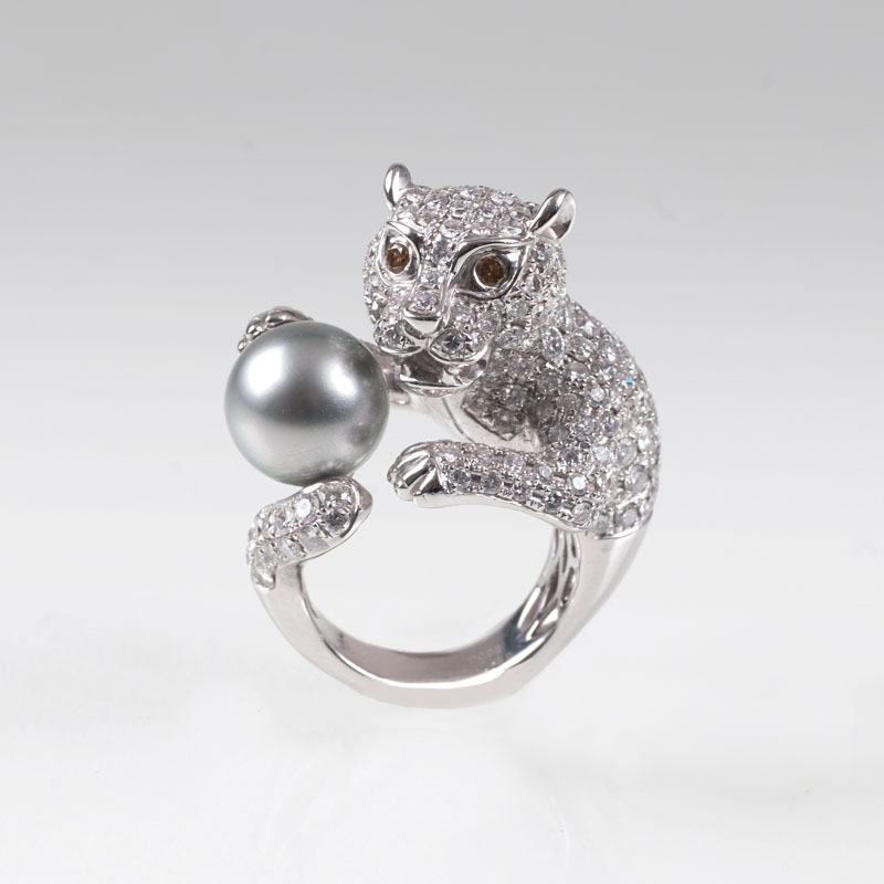 A high carat diamond ring with Southsea pearl 'Panther'