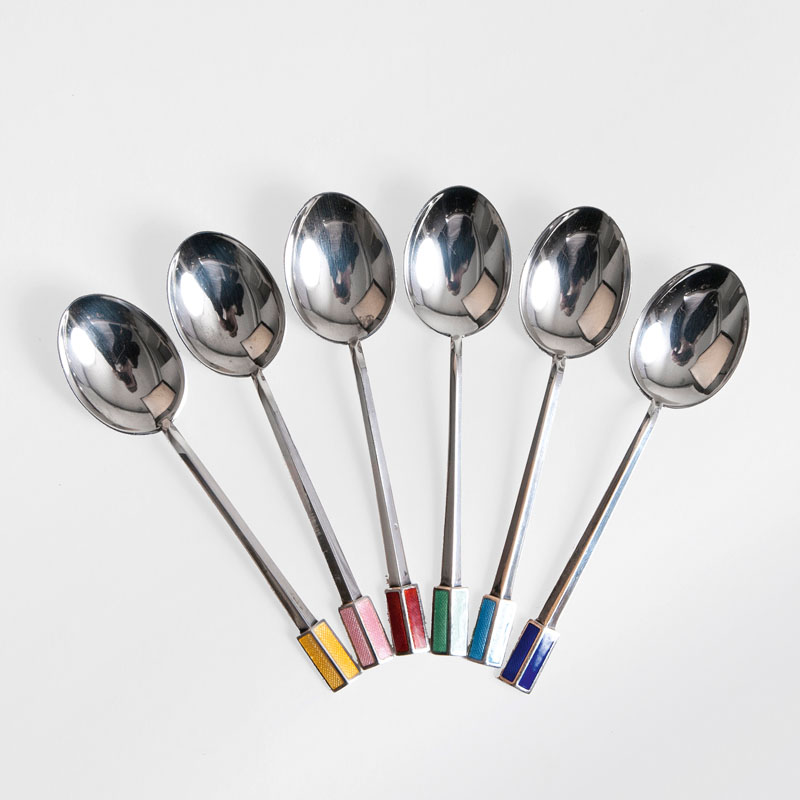 A set of 6 Art Deco mocca spoons with enamel decor