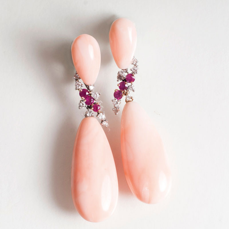 A pair of coral ruby diamond earpendants
