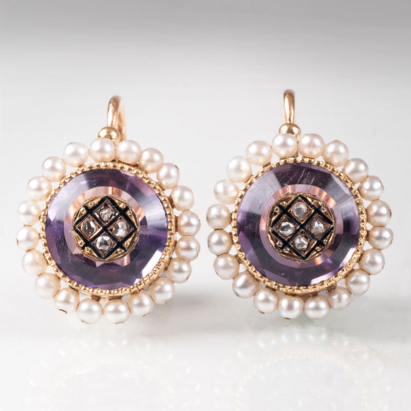 Paar Napoleon-III Amethyst-Ohrringe mit Perlen und Diamanten Paar Napoleon-III Amethyst-Ohrringe mit Perlen und Diamanten