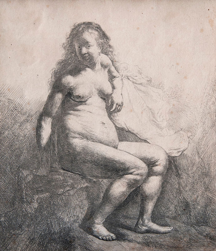Rembrandt Harmenszoon van Rijn - Nackte Frau auf einem Erdhügel sitzend Nackte Frau auf einem Erdhügel sitzend
