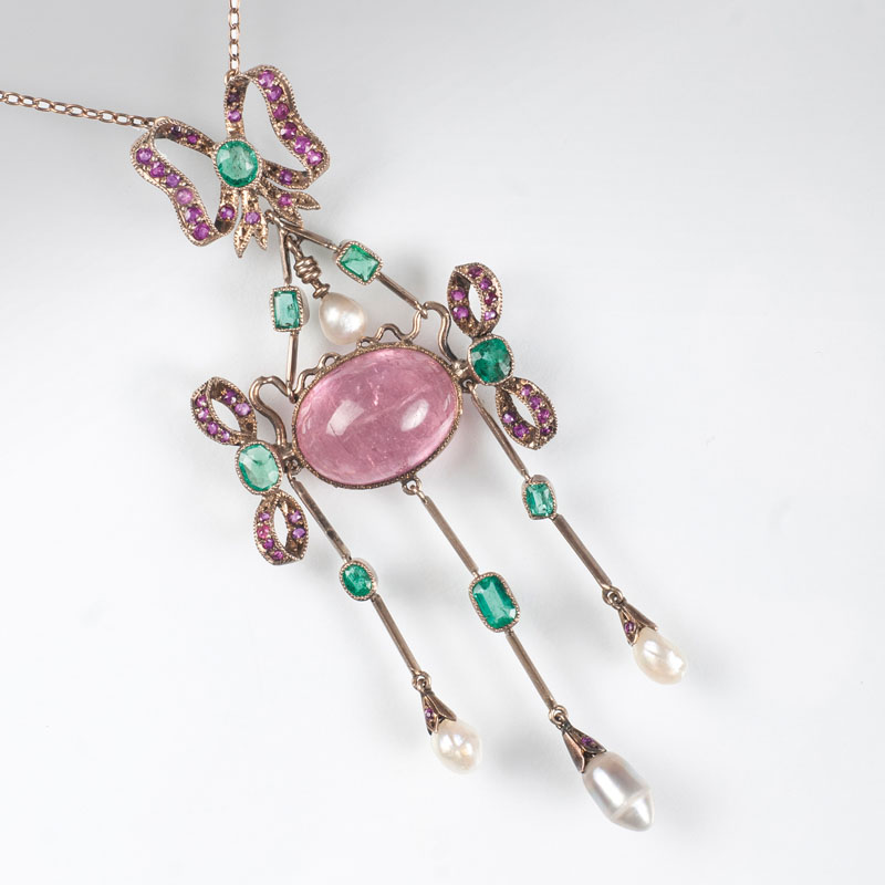 An Art Nouveau rose topaz emerald pendant with necklace