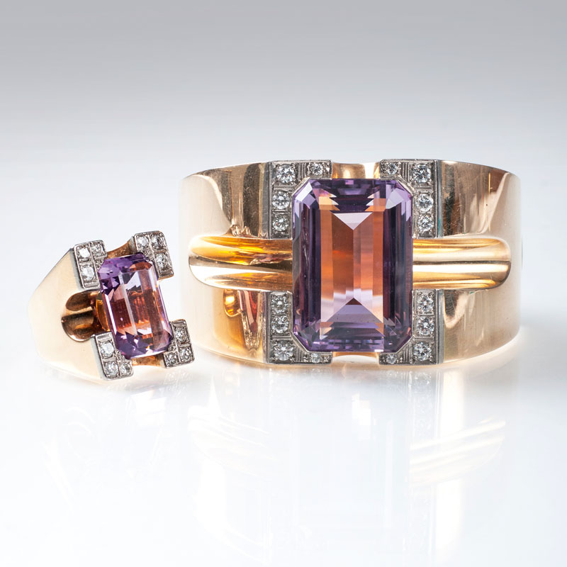 A splendid amethyst diamond jewelry set with bangle bracelet and ring