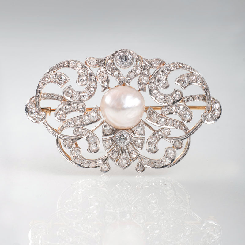 An Art Nouveau diamond brooch with natural pearl