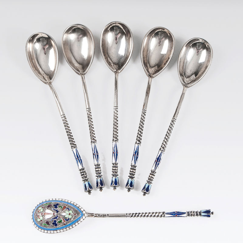 A set of 6 russian cloisonné enamel spoons