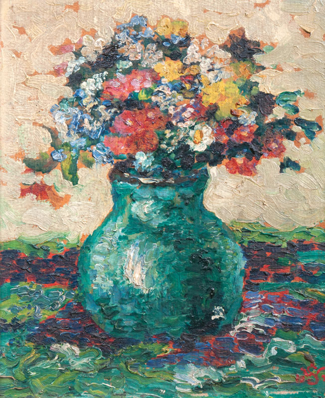 Bunch of Flowers in a Green Vase