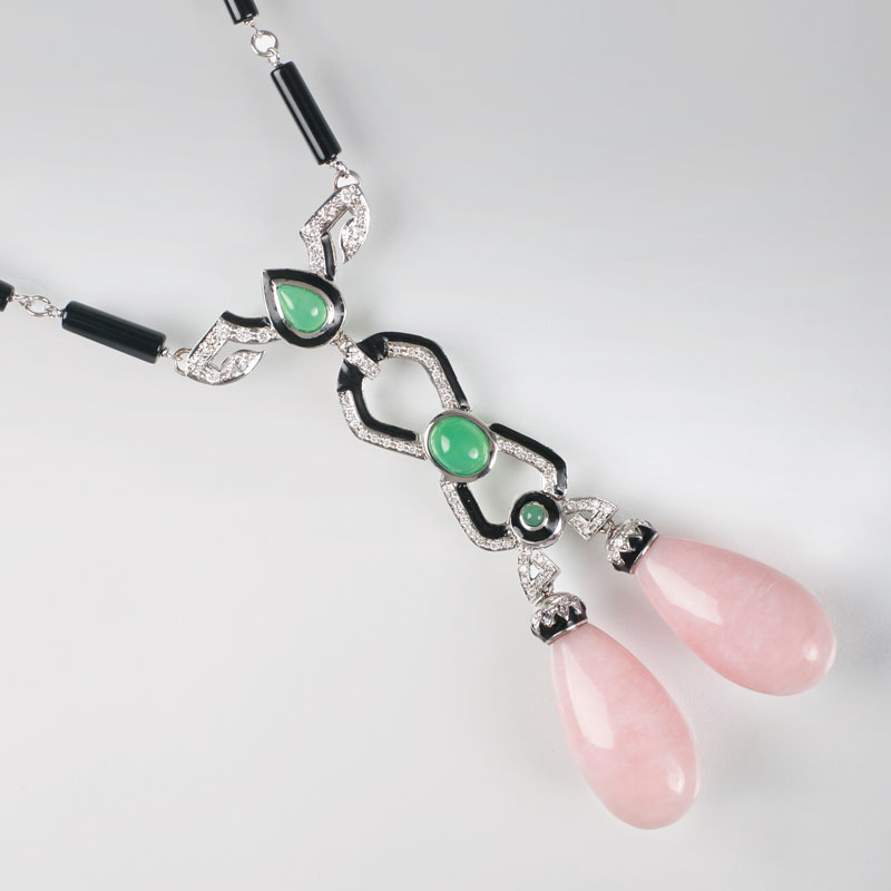 A fine opal diamond necklace with chrysopras and onyx the style of Art Déco