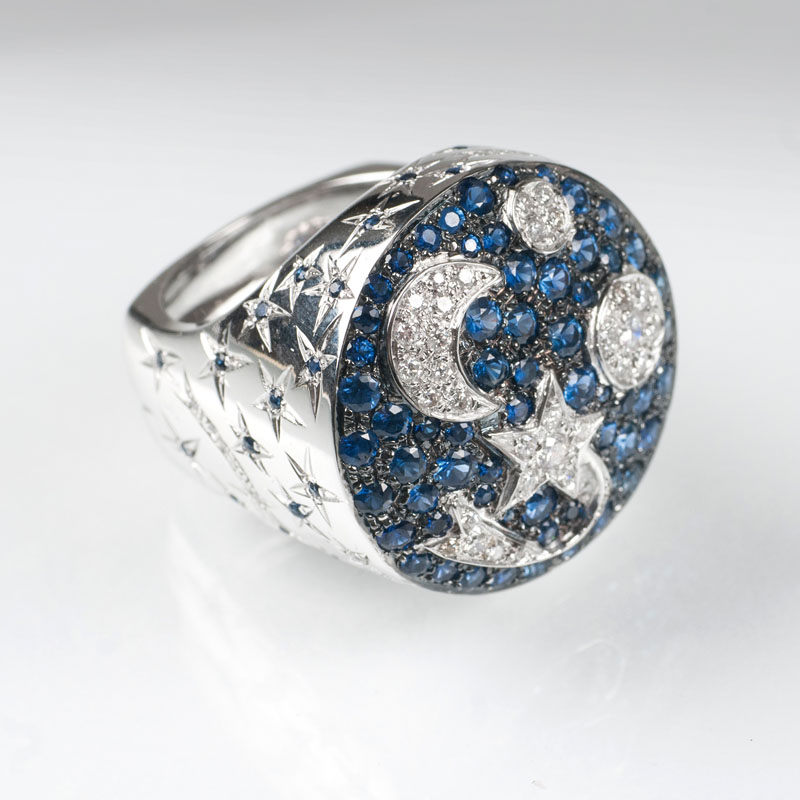 Großer, moderner Saphir-Brillant-Ring 'Mond und Sterne'