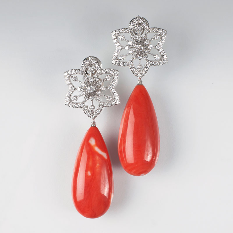 A pair of splendid coral diamond earpendants