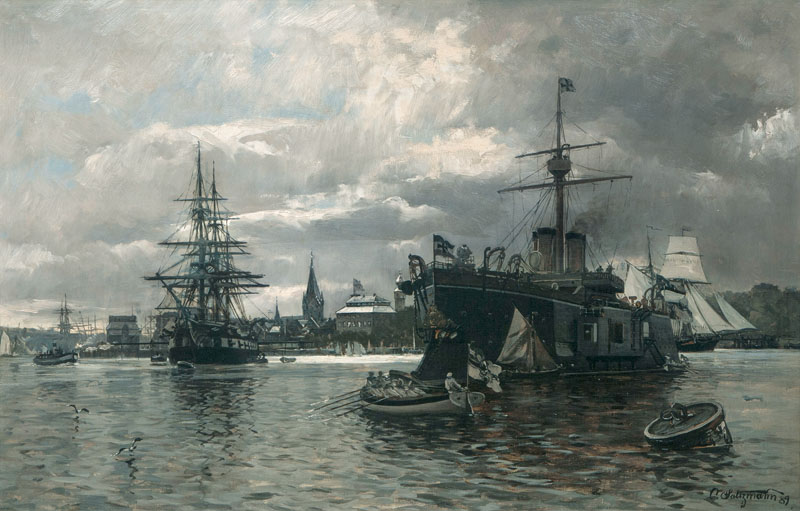 Kieler Hafen mit der Panzerkorvette Oldenburg und dem Schulschiff Niobe