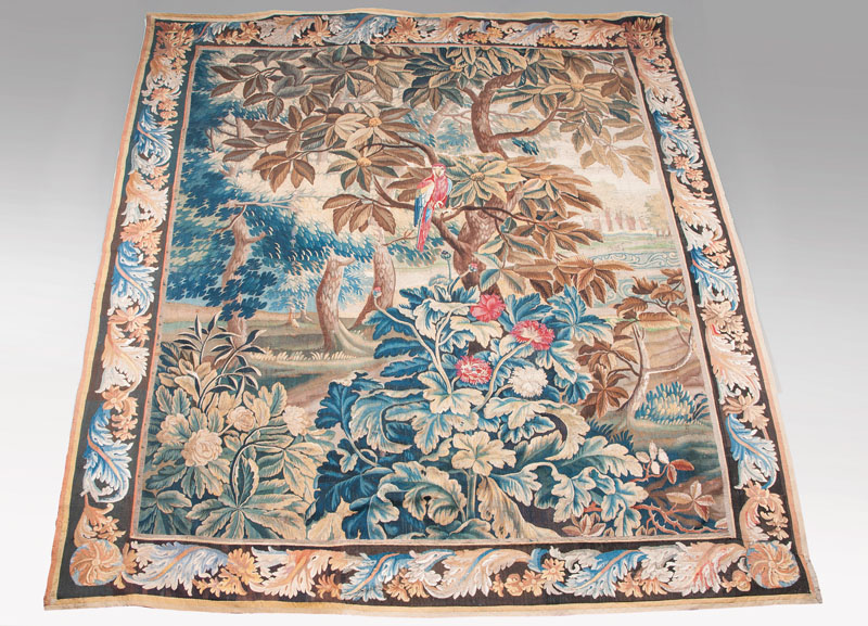A large tapestry with parrot in landscape