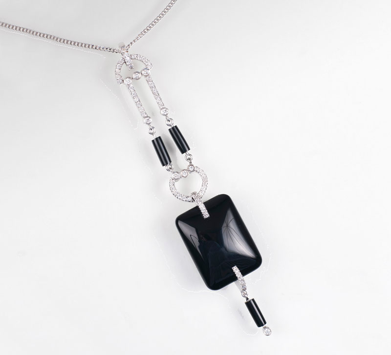 An onyx diamond pendant in Art Déco style with necklace