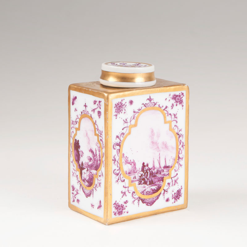 A tea caddy with painting in purple monochrome in the style of Herold