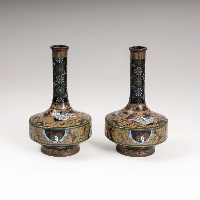 A pair of narrow neck Cloisonné vases with crane decor
