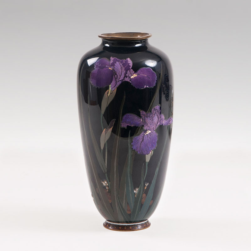 A Cloisonné rouleau vase with 'Iris'