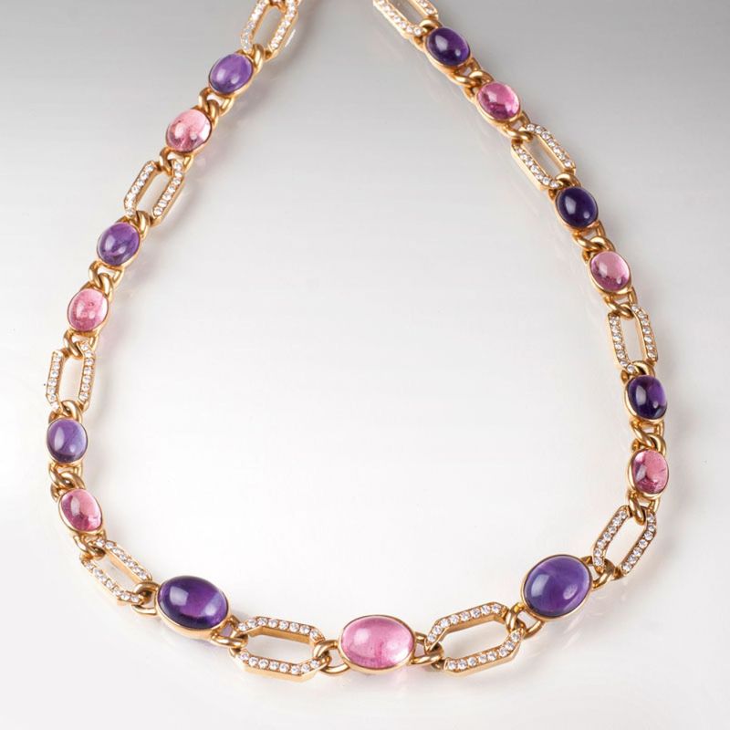 A tourmaline amethyst diamond necklace in gold