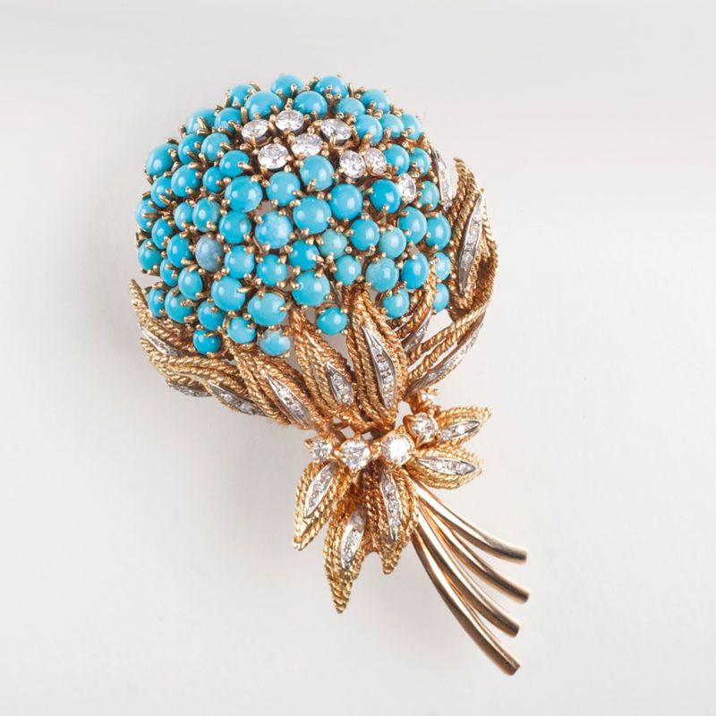 A Vintage turquoise diamond brooch 'Snowball Blossom'
