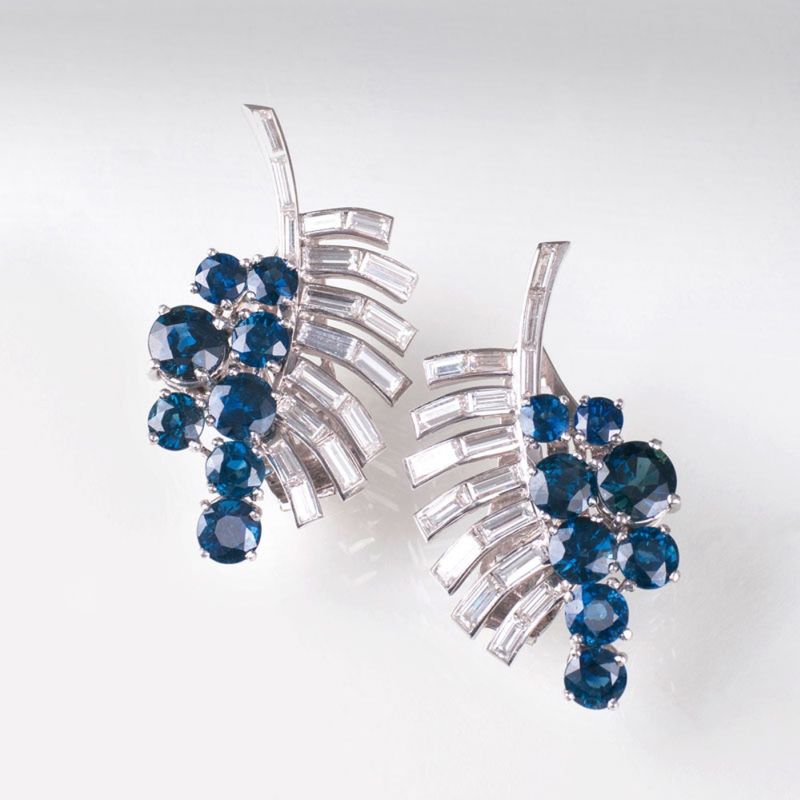 Paar blattförmiger Vintage Saphir-Diamant-Ohrringe