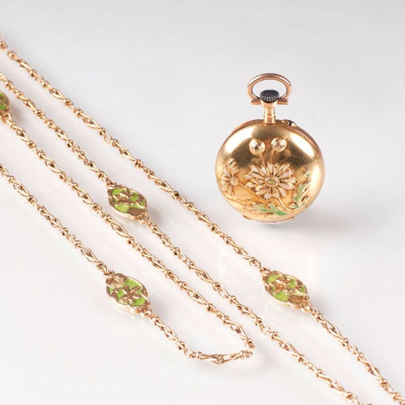 - An Art Nouveau lady's pocket watch and sautoir with ornaments of enamel flowers An Art Nouveau lady's pocket watch and sautoir with ornaments of enamel flowers