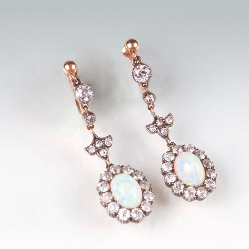 A pair of Art Nouveau opal diamond earpendants