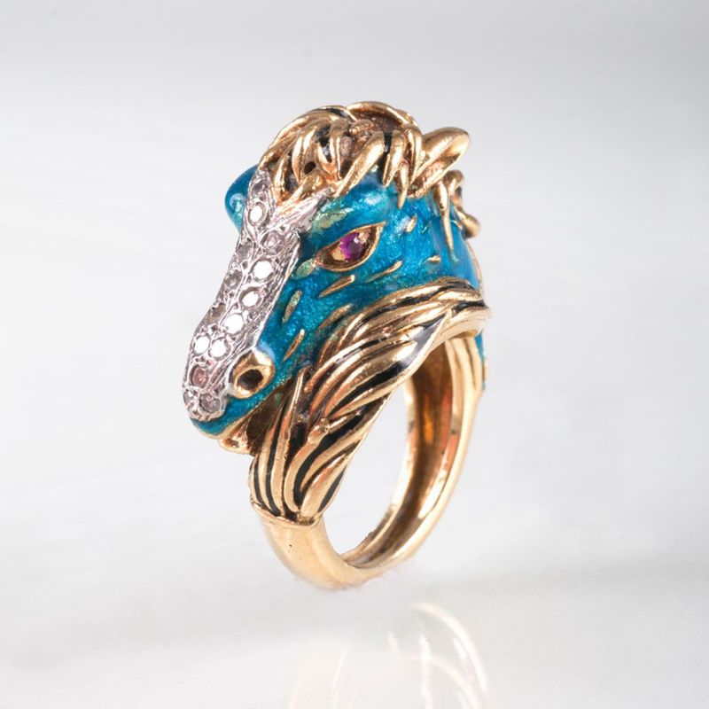 A Vintage enamel diamond ring 'Horse' by Frascarolo
